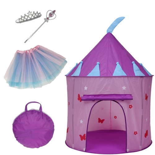 Elly & Andy Princess Castle Play Tent with Butterflies, Glow in The Dark Stars, Flowers, Bonus Skirt, Tiara, and Wand with Carrying Case, Great Indoor & Outdoor